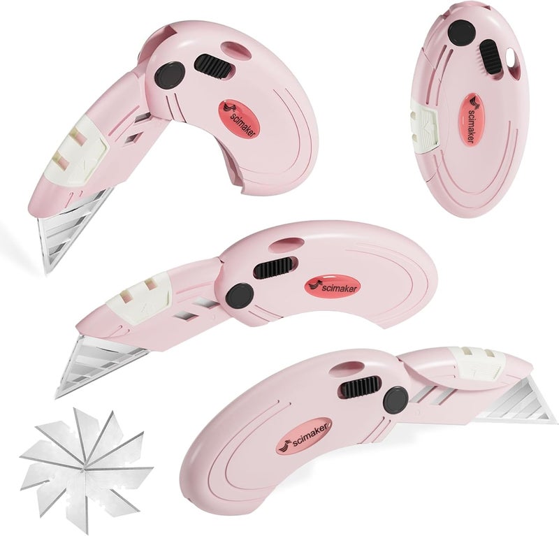 scimaker 4-Pack Box Cutters, Lightweight Utility Knives Set Razor Sharp Blade for Cartons, Cardboard, Sheet Plastic and Boxes, Back-lock Mechanism with Extra 10 Blades, Pink - Image 1